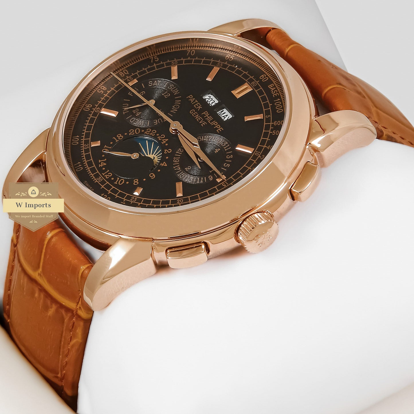 LATEST COLLECTION MOON PHASE ROSE GOLD CASE WITH BLACK DIAL & BROWN LEATHER STRAP