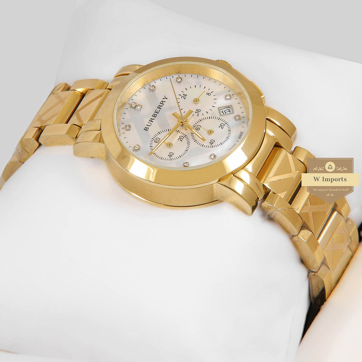 LATEST COLLECTION CHRONOGRAPH YELLOW GOLD WITH WHITE DIAL STONE FIGURE LADIES WATCH