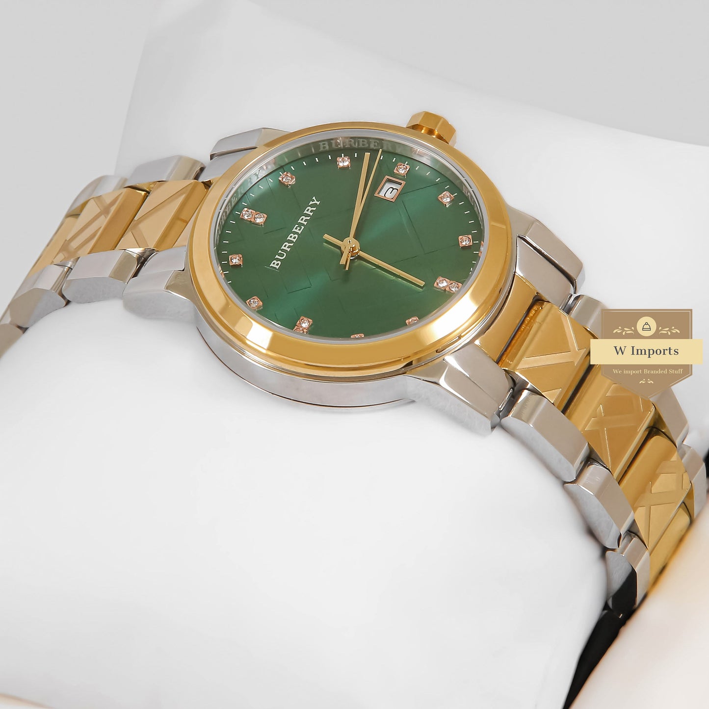 LATEST COLLECTION TWO TONE YELLOW GOLD WITH GREEN DIAL & STONE FIGURE LADIES WATCH