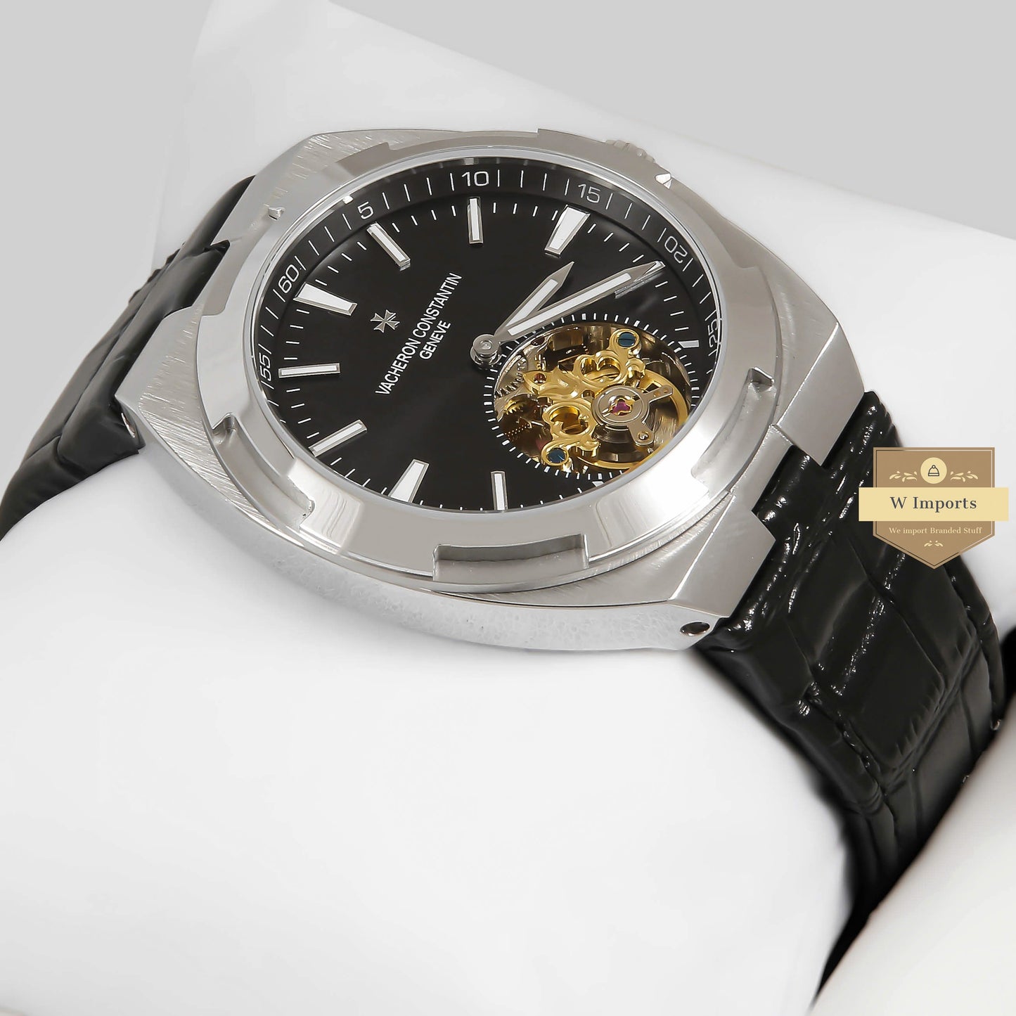 LATEST COLLECTION TOURBILLON SILVER CASE WITH BLACK DIAL & LEATHER STRAP