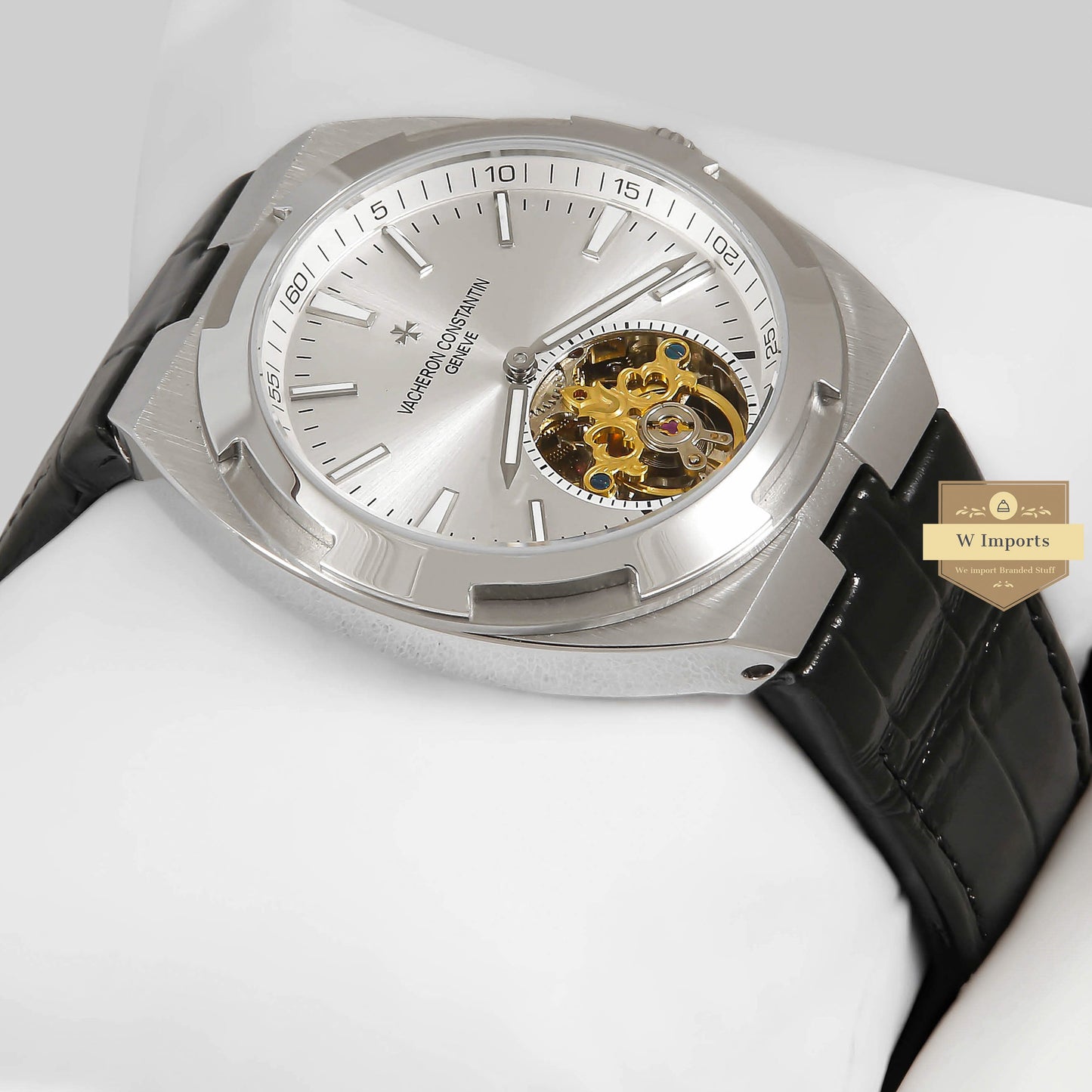 LATEST COLLECTION TOURBILLON SILVER CASE WITH DIAL & BLACK LEATHER STRAP