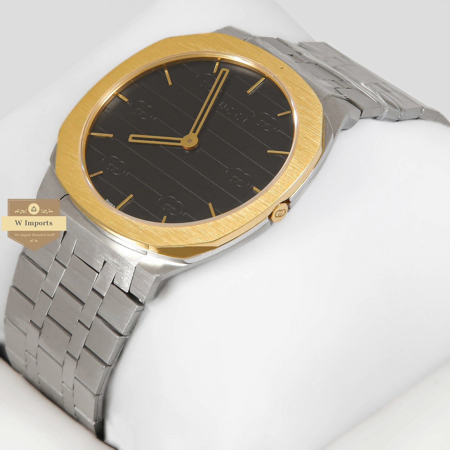 LATEST COLLECTION SILVER WITH BLACK DIAL AND YELLOW GOLD BEZEL CHAIN WATCH