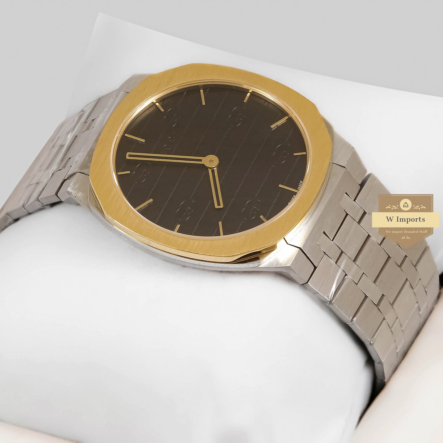 LATEST COLLECTION SILVER WITH BLACK DIAL AND YELLOW GOLD BEZEL CHAIN WATCH