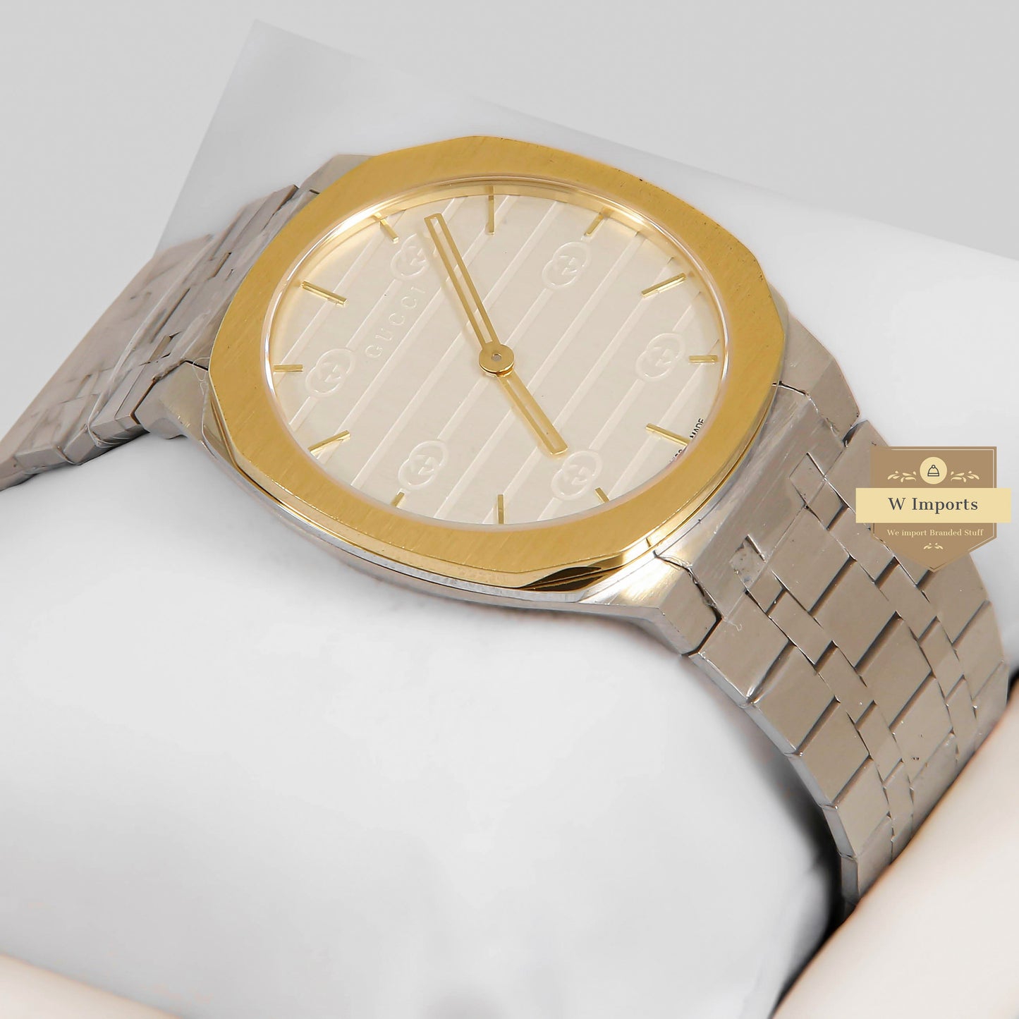LATEST COLLECTION SILVER WITH WHITE DIAL AND YELLOW GOLD BEZEL CHAIN WATCH