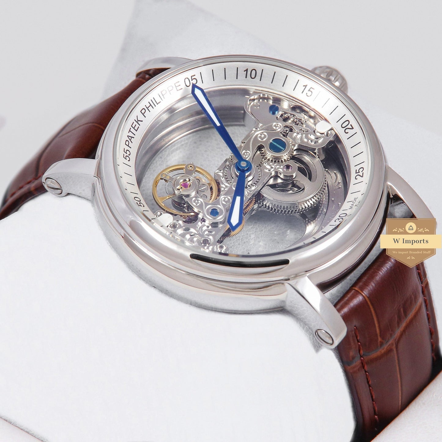 Latest Collection Transparent Skeleton Dial With Silver Case & Brown Leather Strap