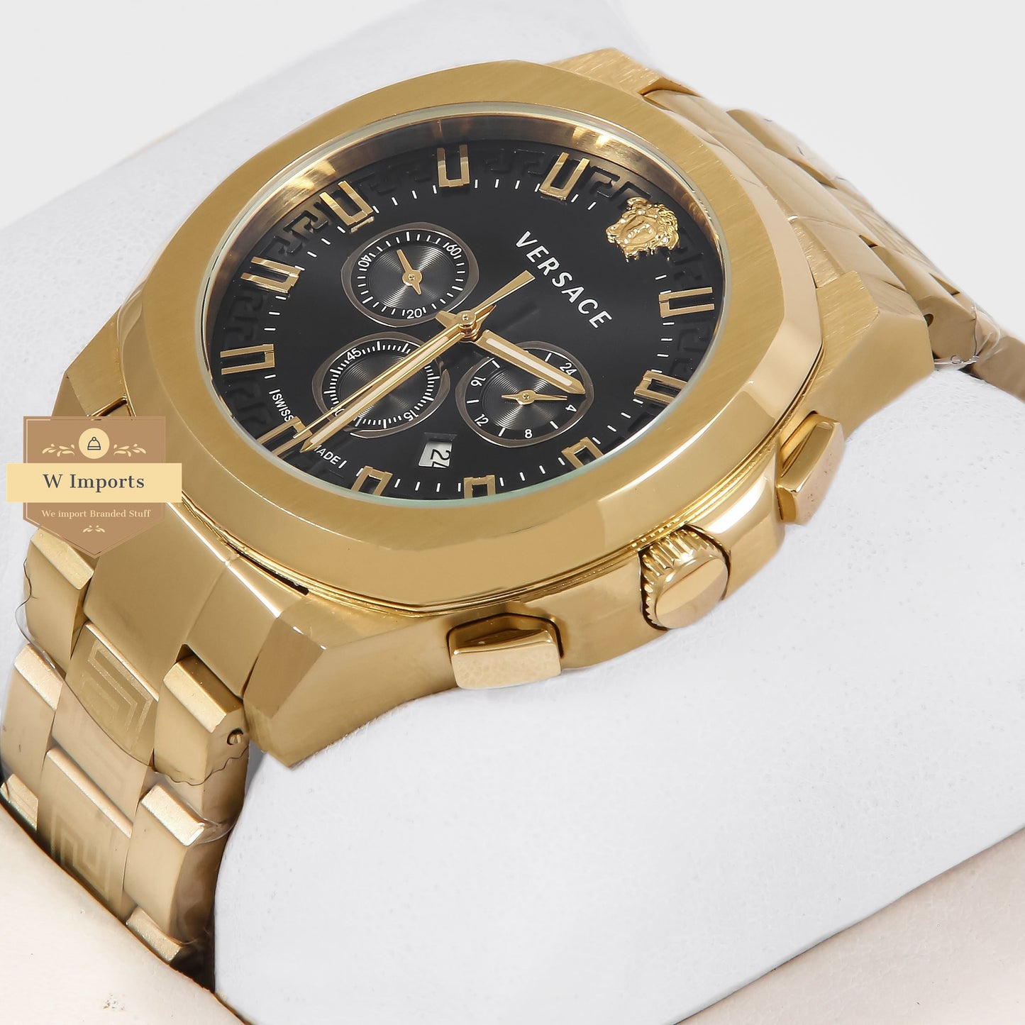 LATEST COLLECTION CHRONOGRAPH YELLOW GOLD WITH BLACK DIAL CHAIN WATCH