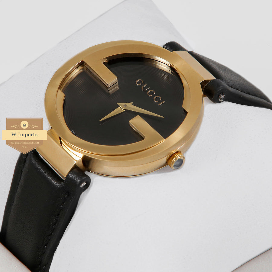 Latest Collection G Yellow Gold Case With Black Dial & Leather Strap Ladies Watch
