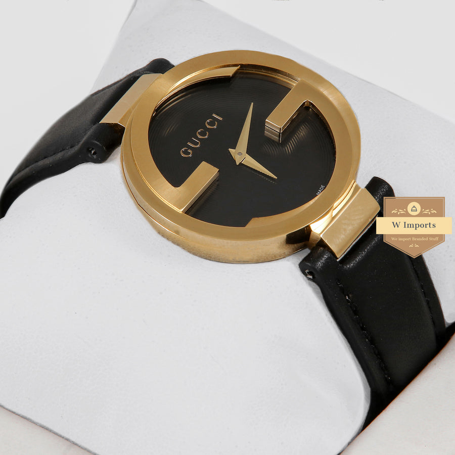 Latest Collection G Yellow Gold Case With Black Dial & Leather Strap Ladies Watch
