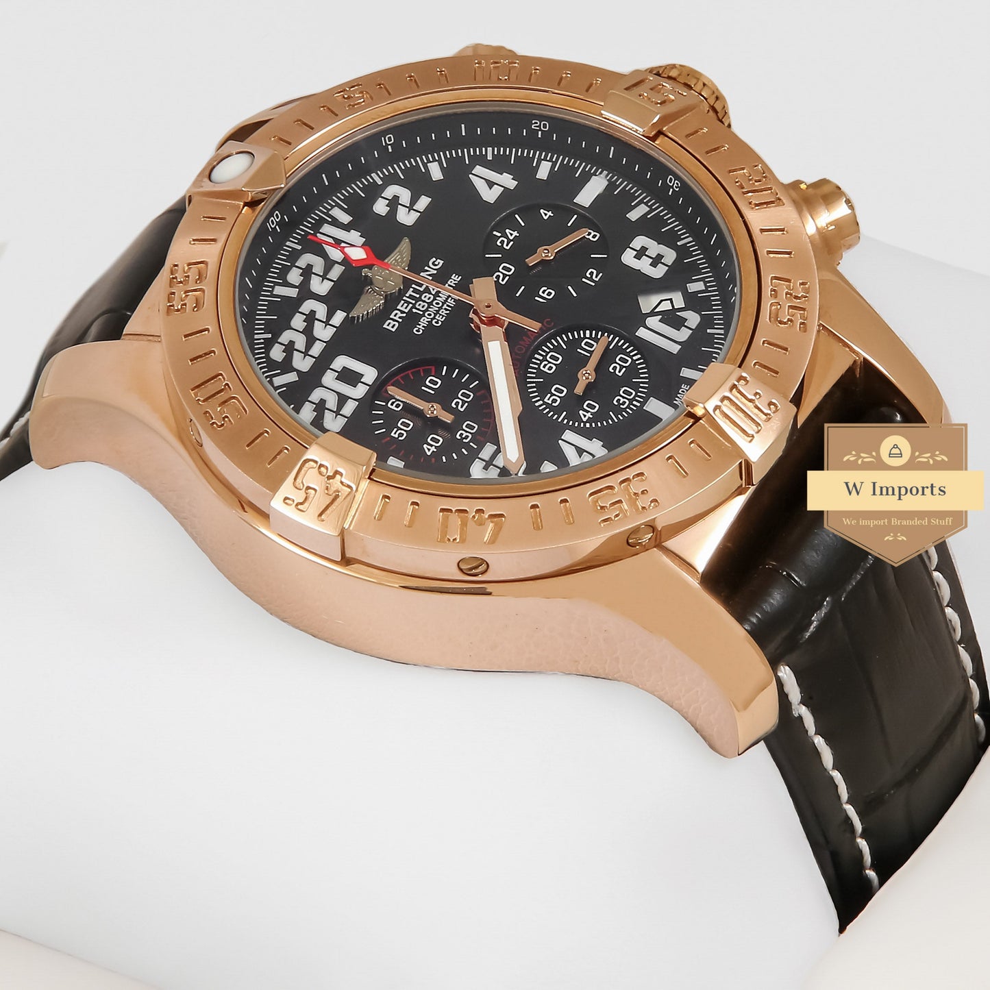 Latest Collection Chronograph Rose Gold Case With Black Dial & Leather Strap Watch