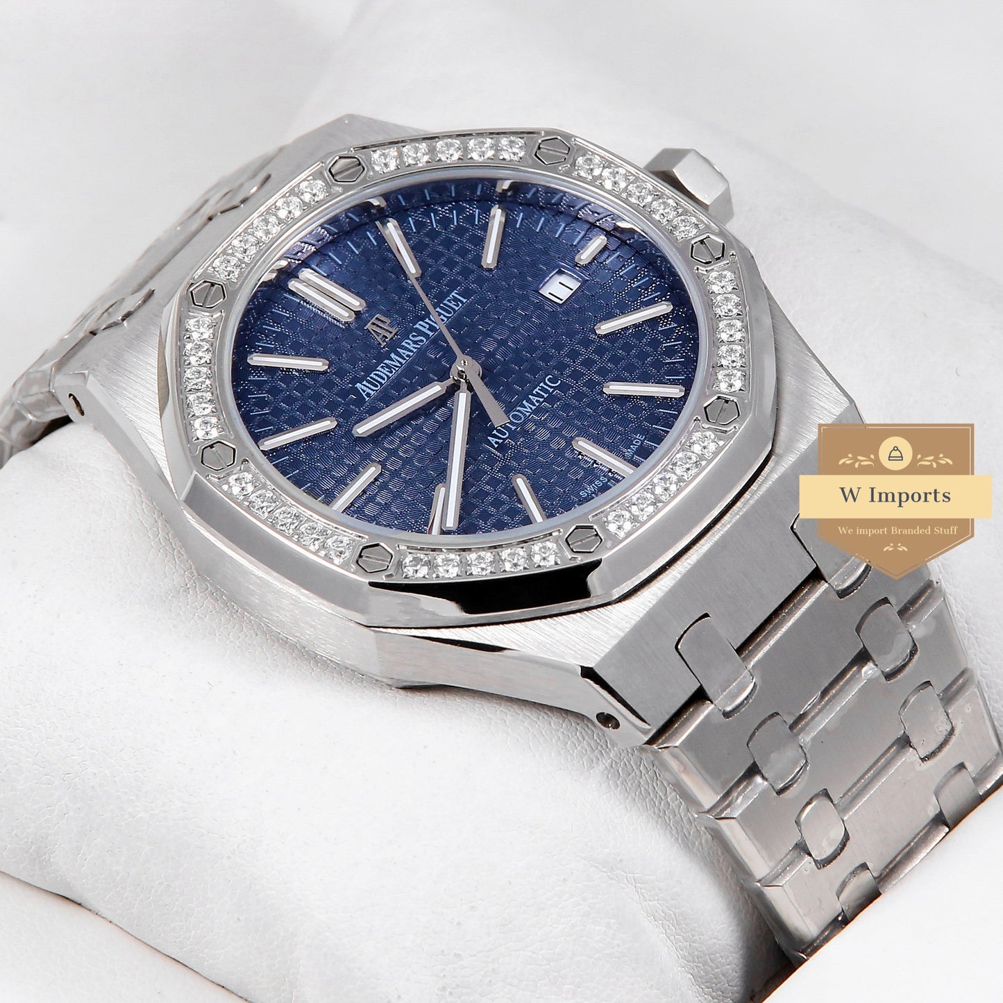 Latest Collection Silver With Blue Dial & Stone Bezel Automatic Watch