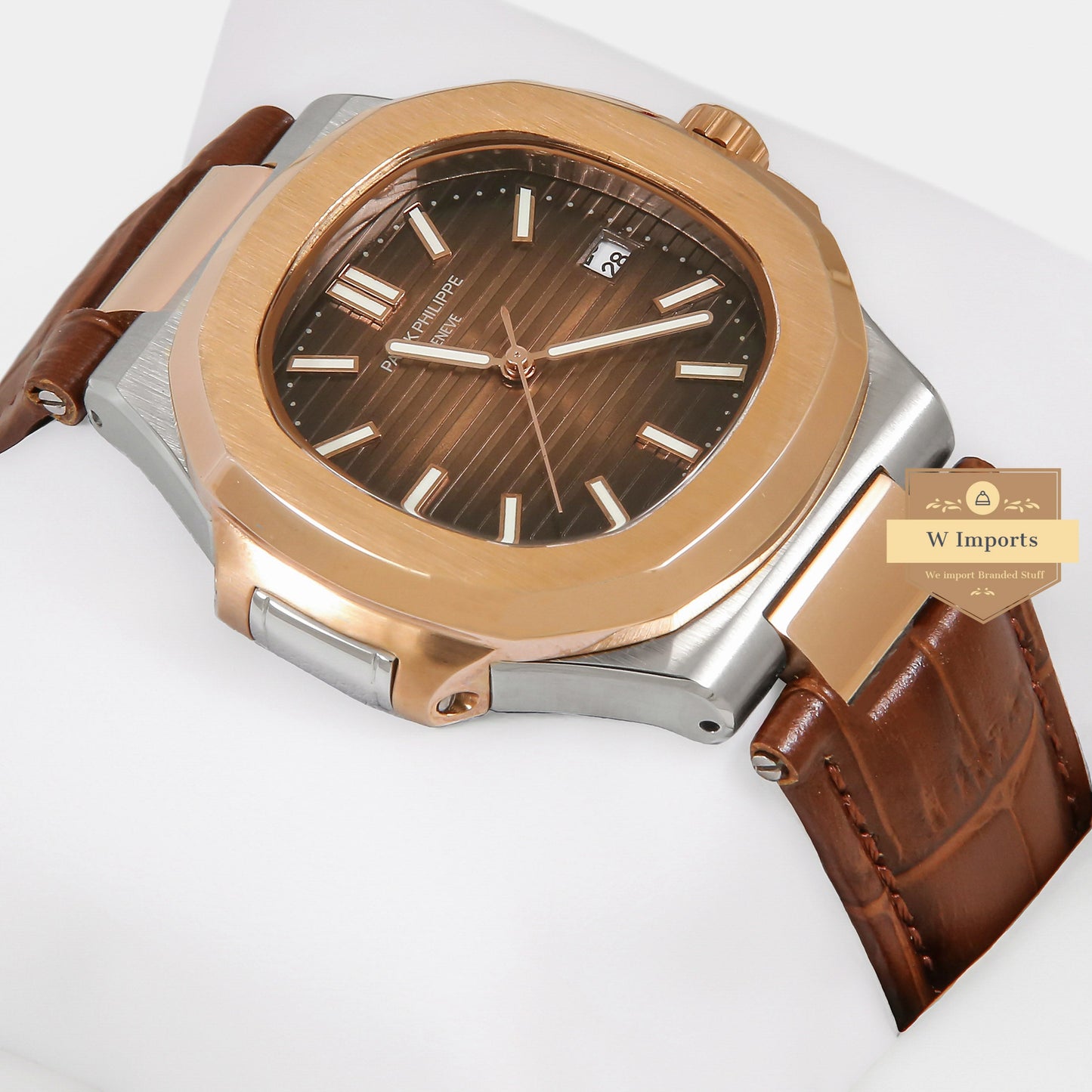 Latest Collection Rose Gold & Silver Case With Brown Dial & Leather Strap