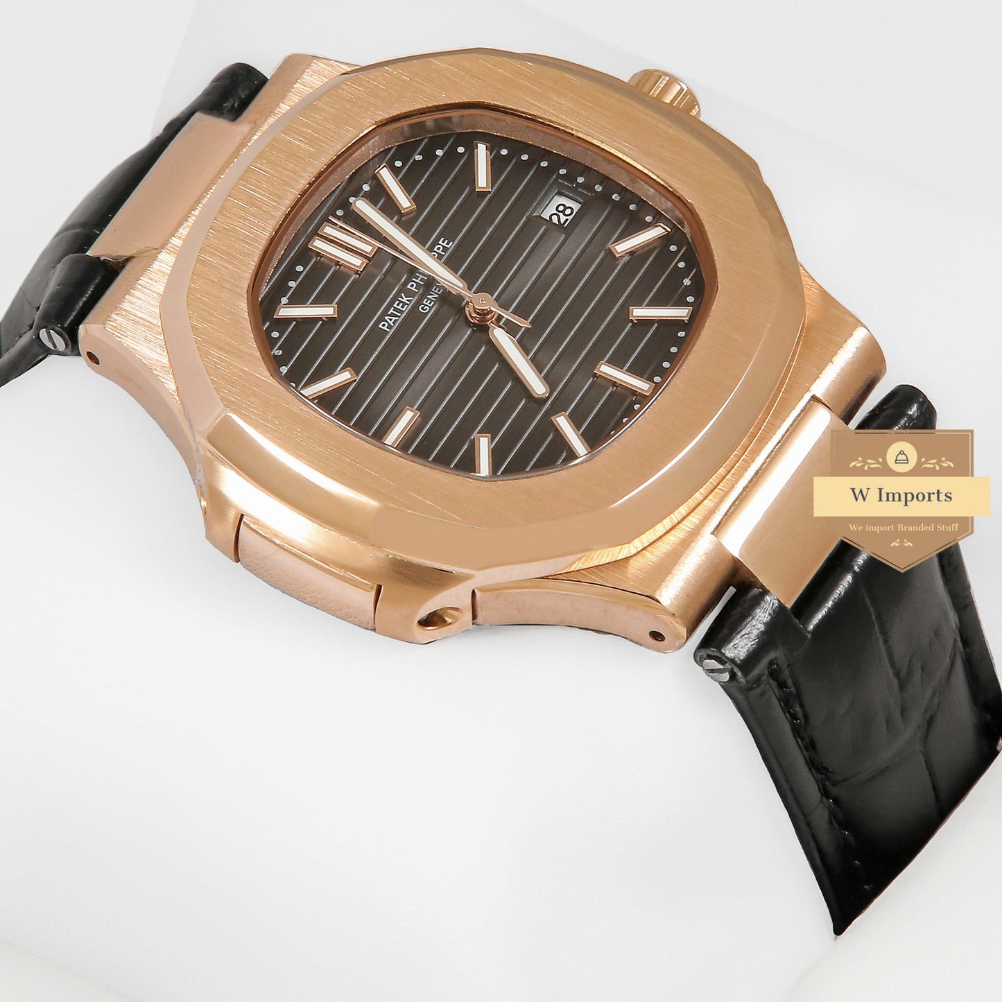 Latest Collection Rose Gold Case With Black Dial & Leather Strap