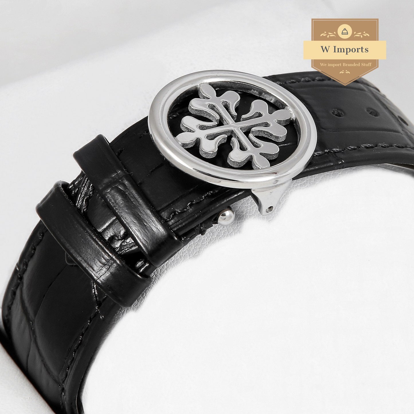 Latest Collection Chronograph Silver With Black Dial Stone Figure & Leather Strap