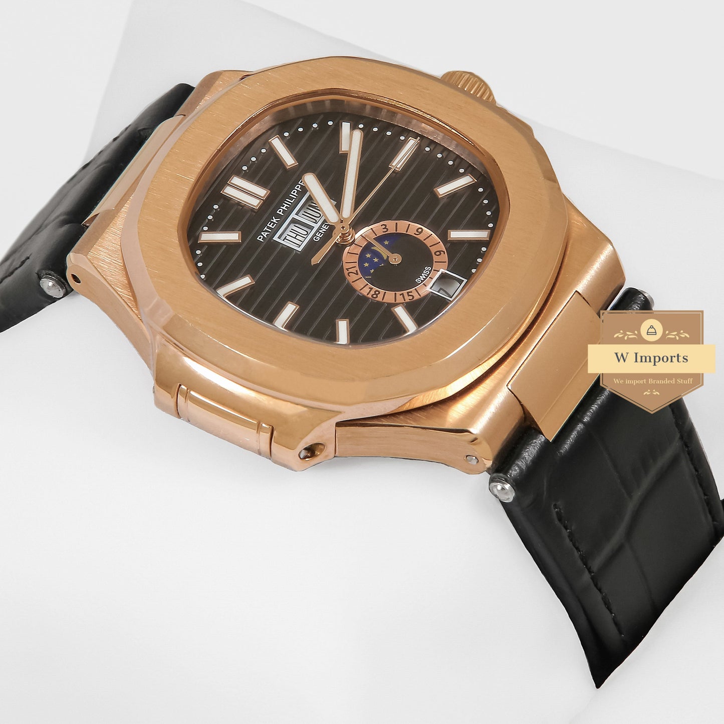 Latest Collection Annual Calender Moon Phase Rose Gold Case With Brown Dial & Black Leather Strap