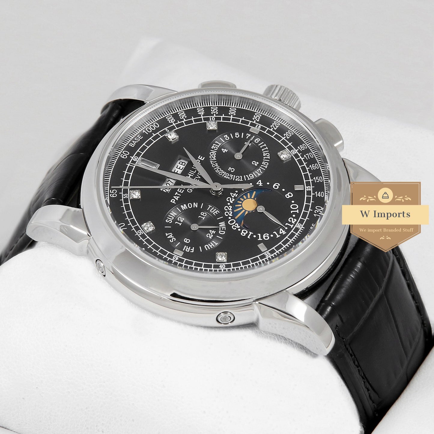 Latest Collection Chronograph Silver With Black Dial Stone Figure & Leather Strap