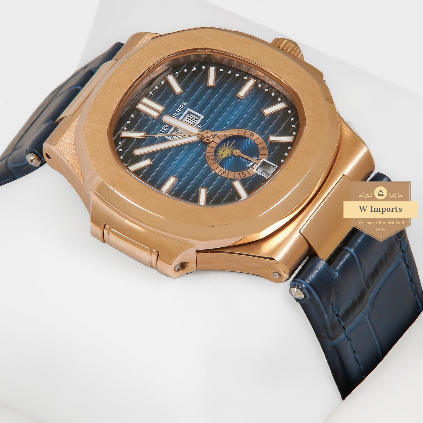 Latest Collection Annual Calender Moon Phase Rose Gold Case With Blue Dial & Leather Strap