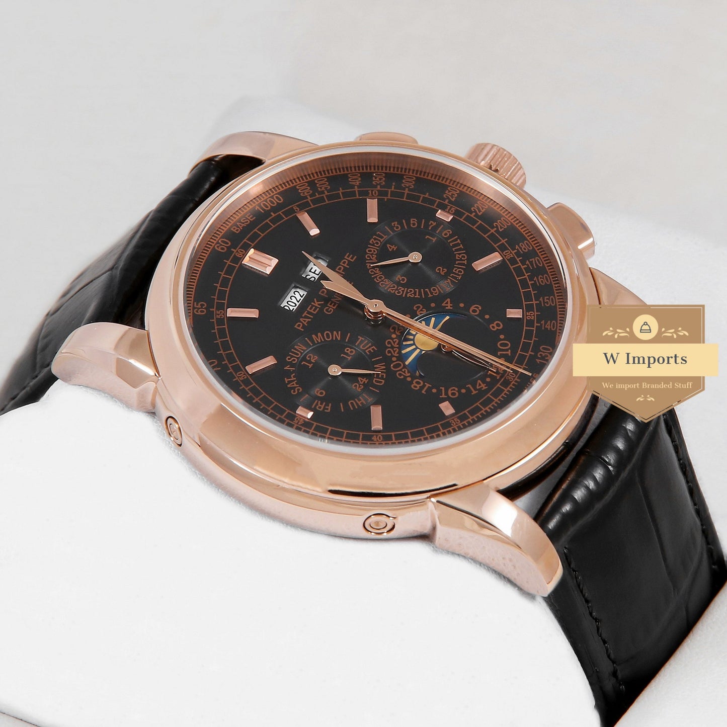 Latest Collection Chronograph Rose Gold With Black Dial & Leather Strap