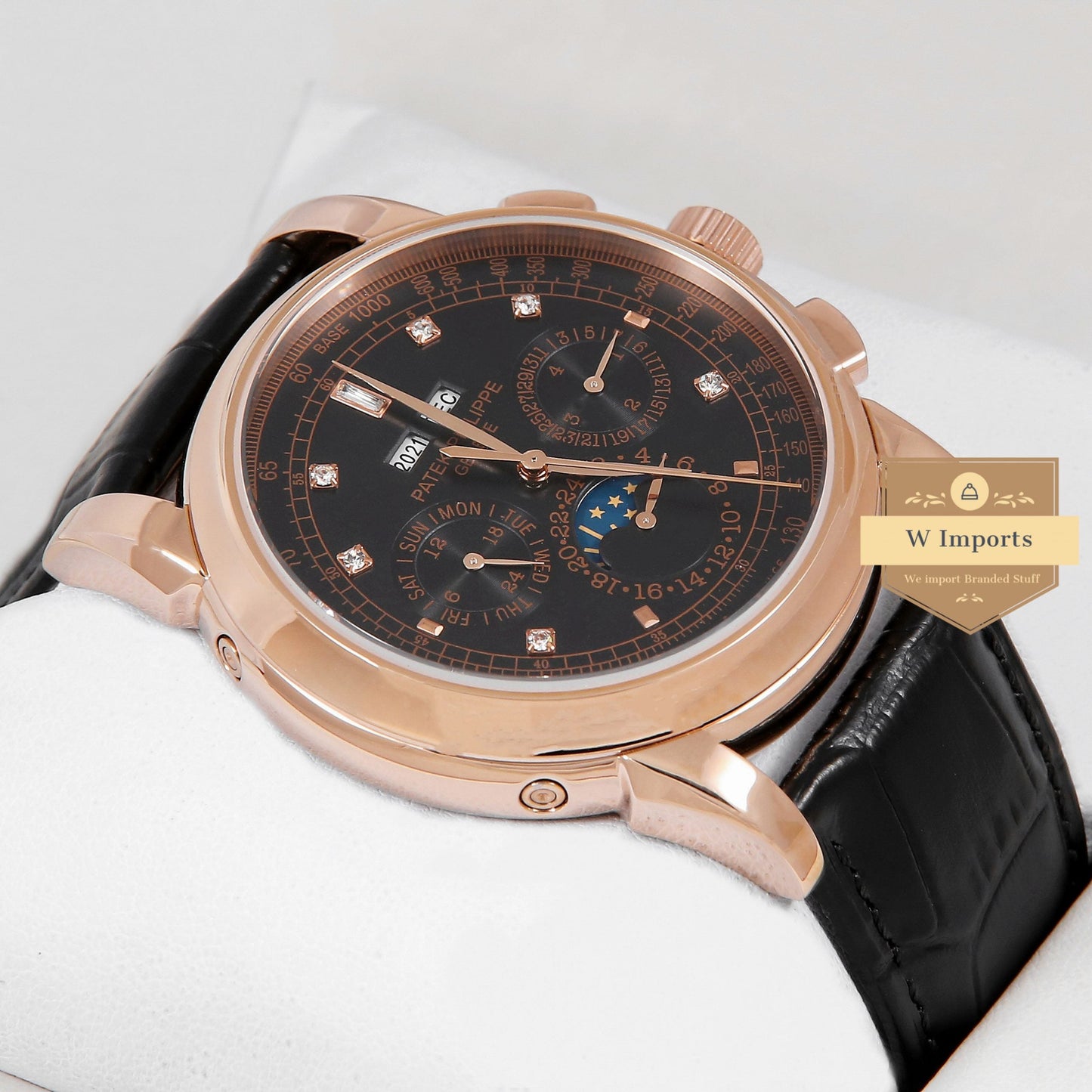 Latest Collection Chronograph Rose Gold Case With Black Dial Stone Figure & Leather Strap