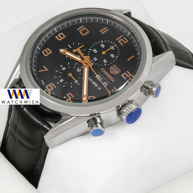 Latest Collection Chronograph Silver Case With Black Dial & Leather Strap