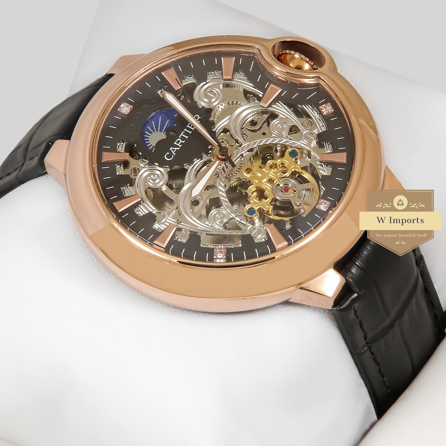 Latest Collection Ballon Bleu Moon Phase Rose Gold Case With Skeleton Dial & Leather Strap