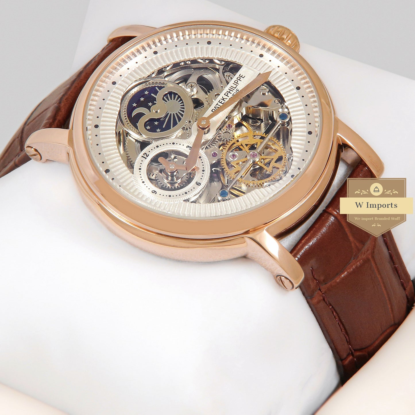 Latest Collection Tourbillon Moon phase Rose Gold Case With Skeleton Dial & Brown Leather Strap