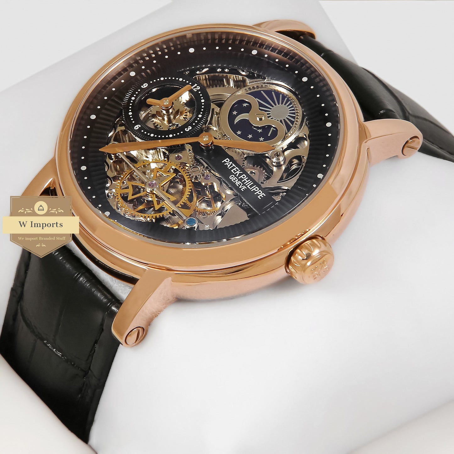 Latest Collection Tourbillon Moon phase Rose Gold Case With Black Skeleton Dial & Leather Strap