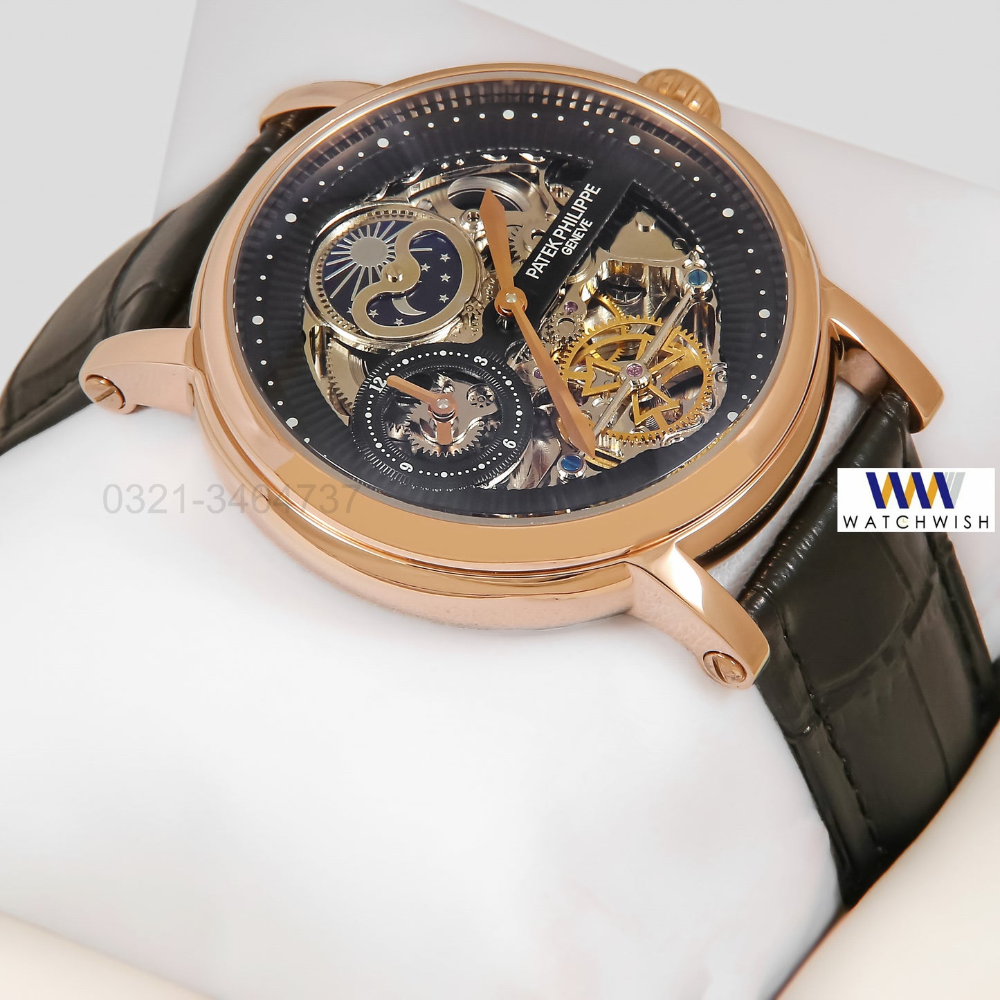 Latest Collection Tourbillon Moon phase Rose Gold Case With Black Skeleton Dial & Leather Strap