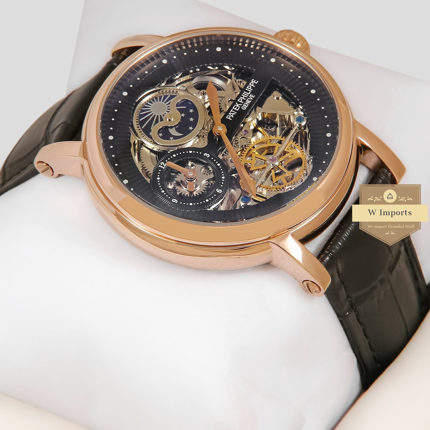 Latest Collection Tourbillon Moon phase Rose Gold Case With Black Skeleton Dial & Leather Strap
