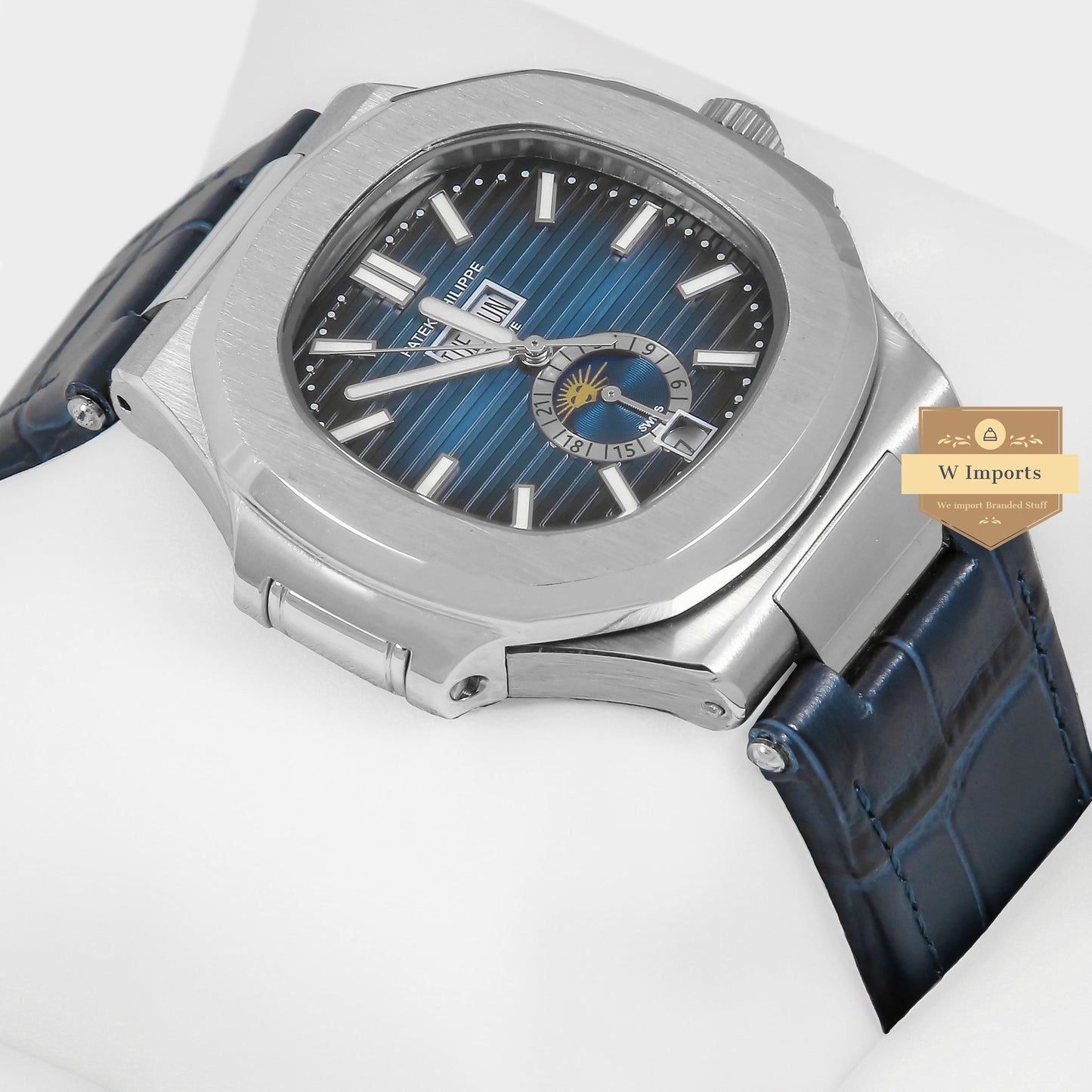 LATEST COLLECTION ANNUAL CALENDER MOON PHASE SILVER CASE WITH BLUE DIAL & LEATHER STRAP