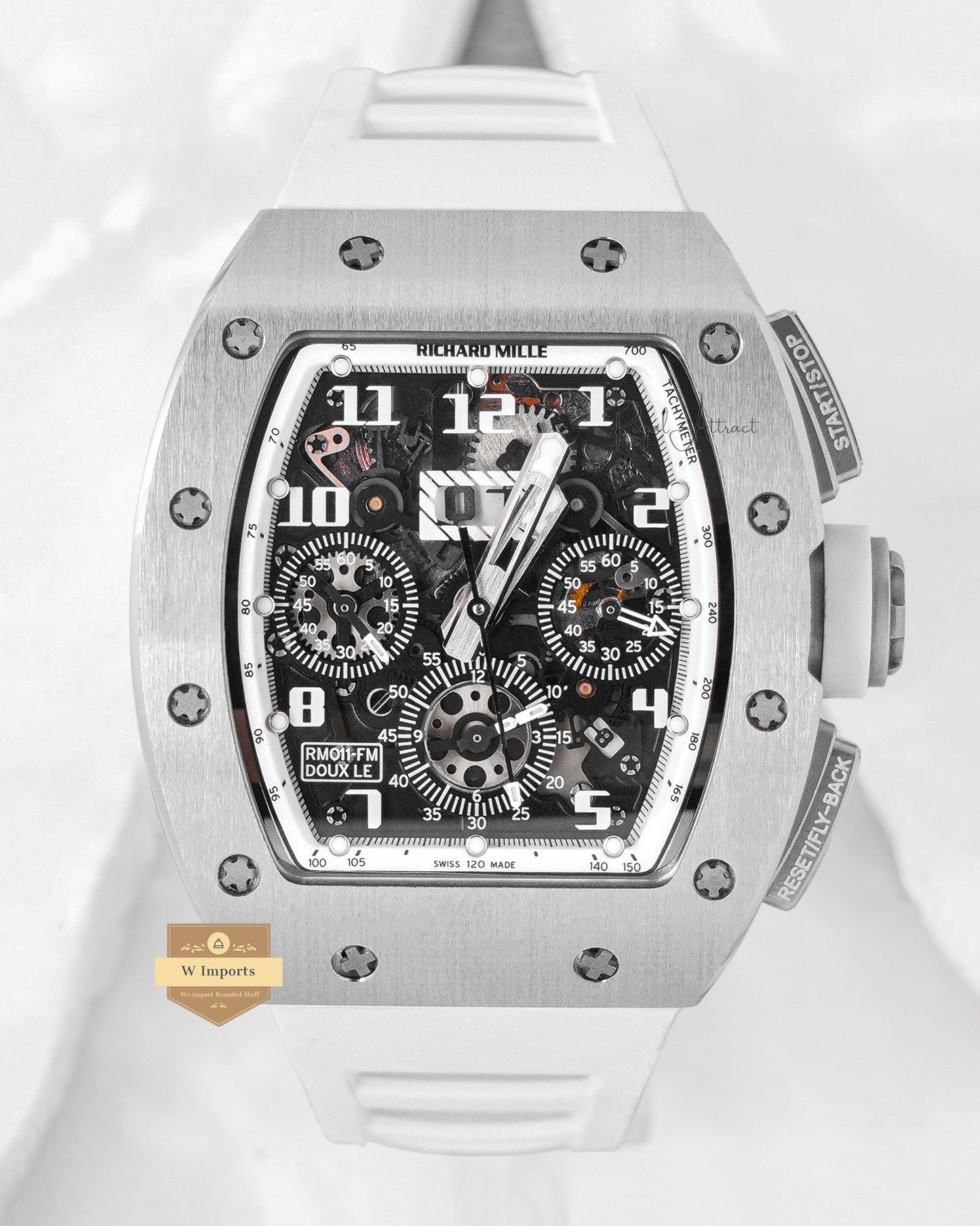 Latest Collection Chronograph Silver Case Black Skeleton Dial With White Rubber Strap
