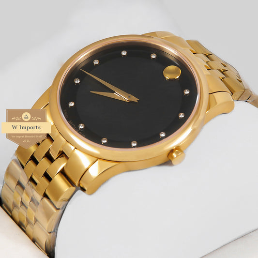 Latest Collection Yellow Gold With Black Dial & Stone Figure