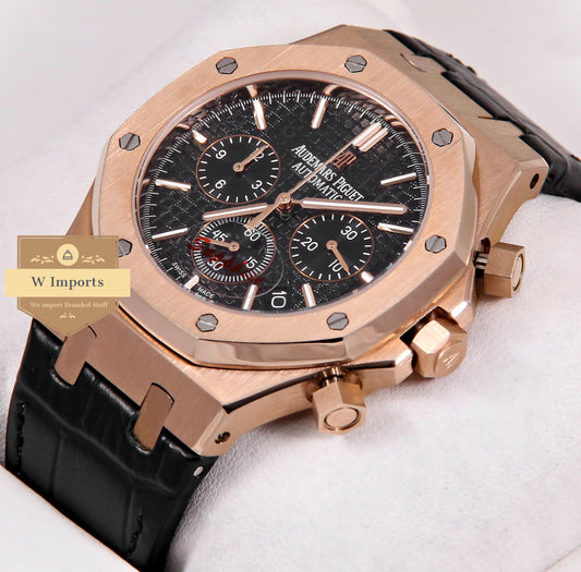 Latest Collection Chronograph Rose Gold Case With Black Dial & Black Leather Strap