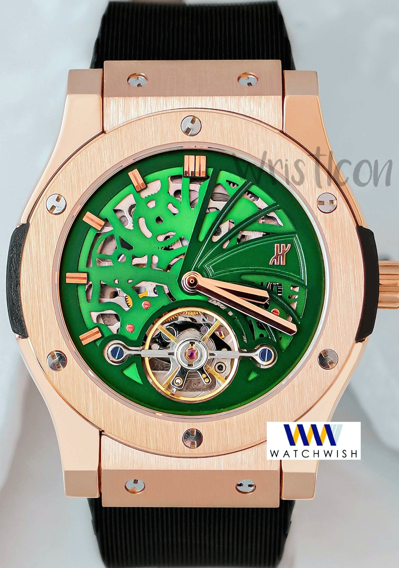 New Collection Rose Gold With Green Skeleton Dial Automatic Watch