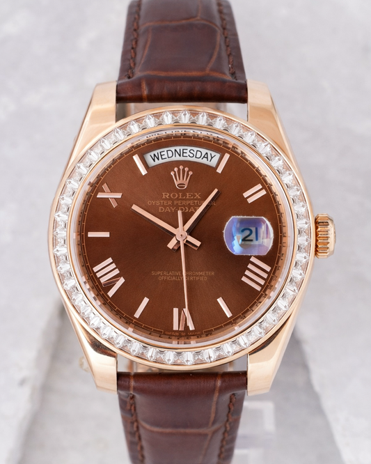 Latest Collection 40 Rose Gold Case With Brown Dial Stone Bezel & Leather Strap Automatic Watch Yz Factory