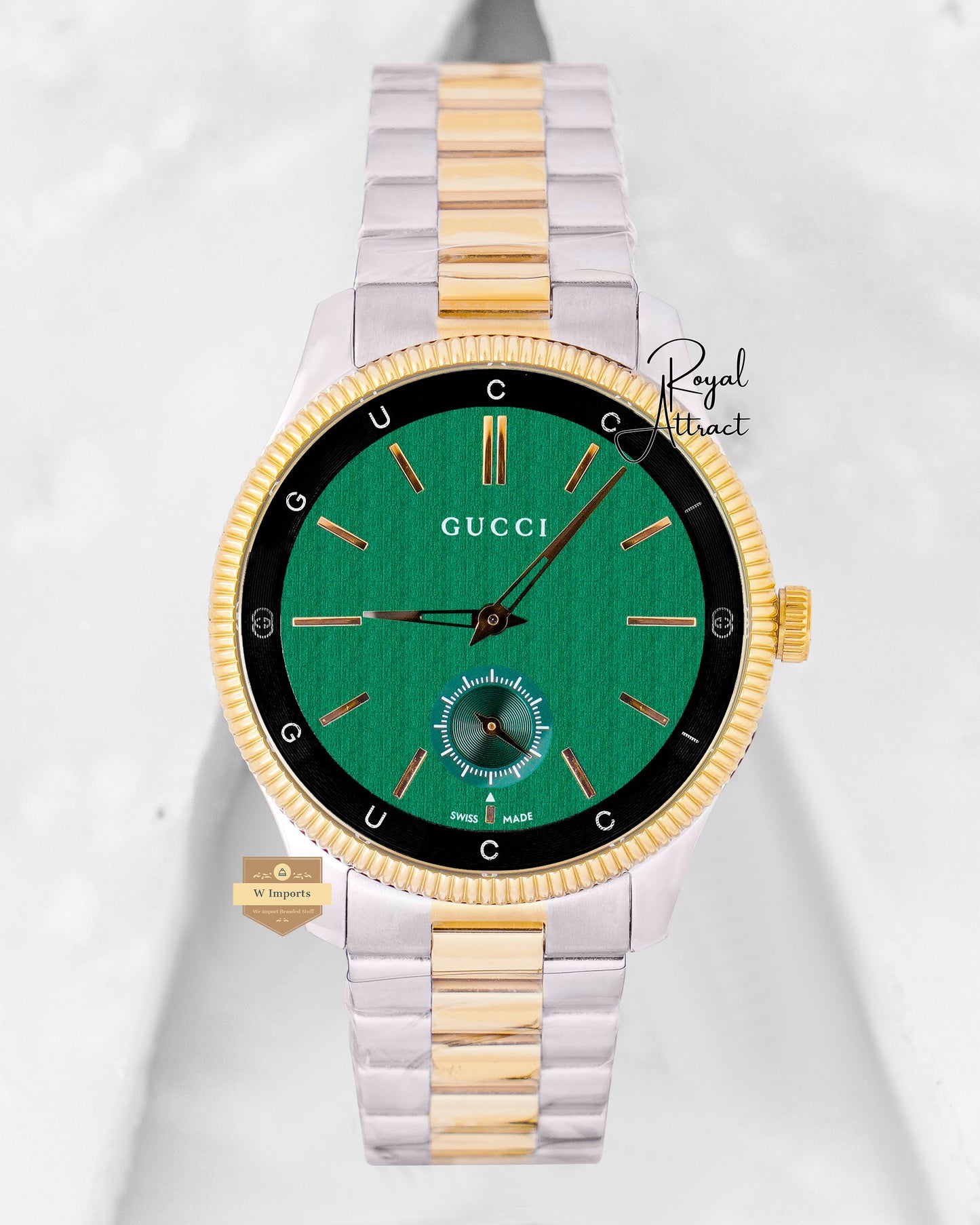 Latest Collection Two Tone Yellow Gold With Green Dial Chain Watch