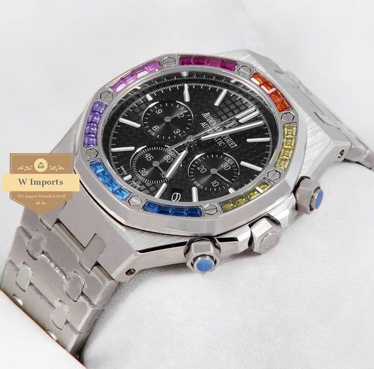 Latest Collection Chronograph Silver With Black Dial & Rainbow Stone Bezel