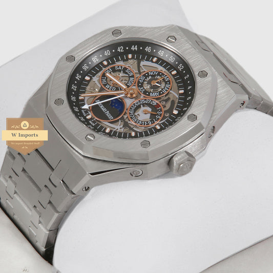 Latest Collection Perpetual Calendar Silver With Black Skeleton Dial Automatic Watch