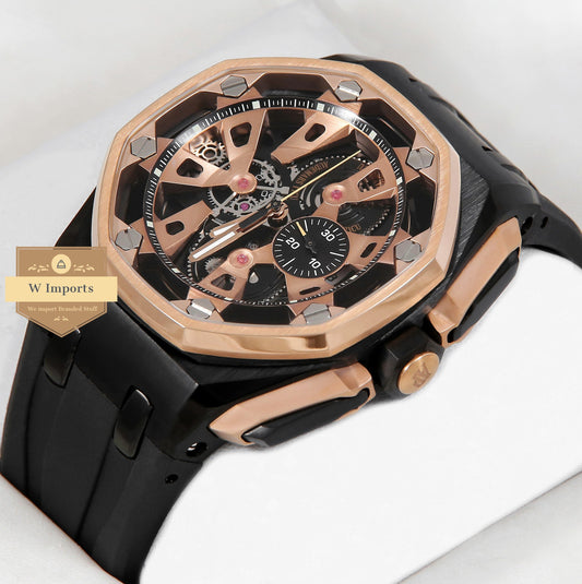 Latest Collection Chronograph Rose Gold & Black Case With Rubber Strap