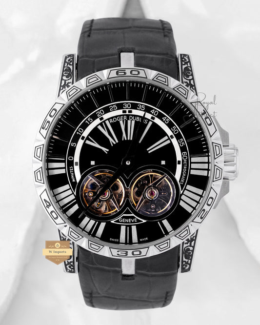 Latest Dual Tourbillon Silver Case With Black Dial & Leather Strap