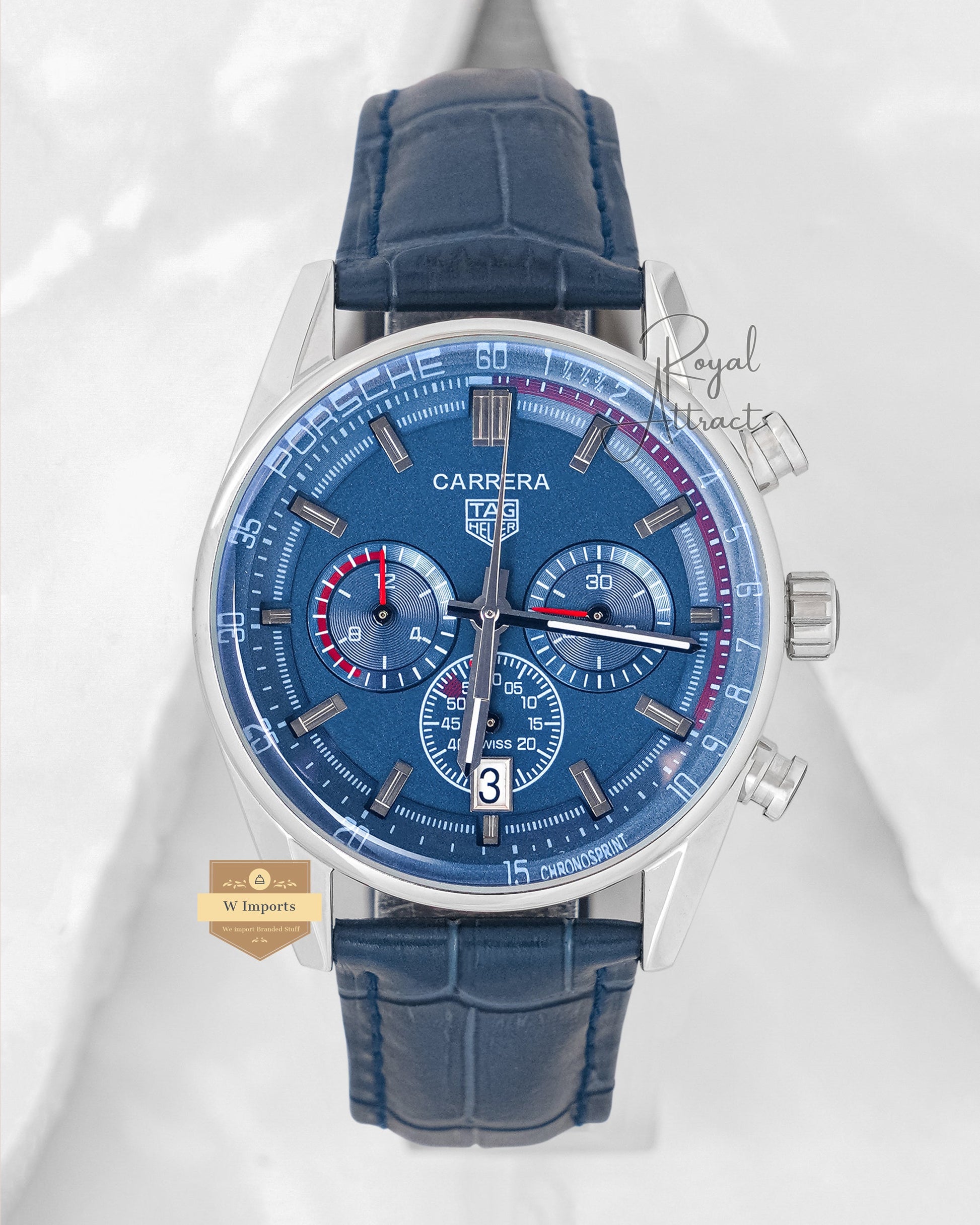 Chronograph Silver Case With Blue Dial And Leather Strap watch for men