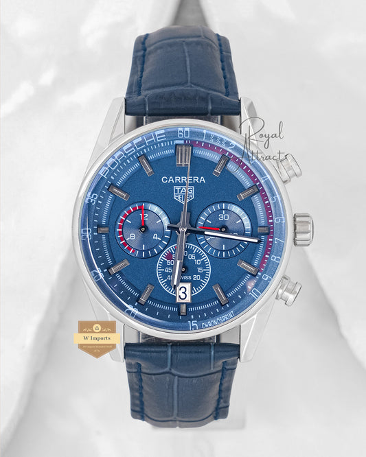 Chronograph Silver Case With Blue Dial And Leather Strap watch for men