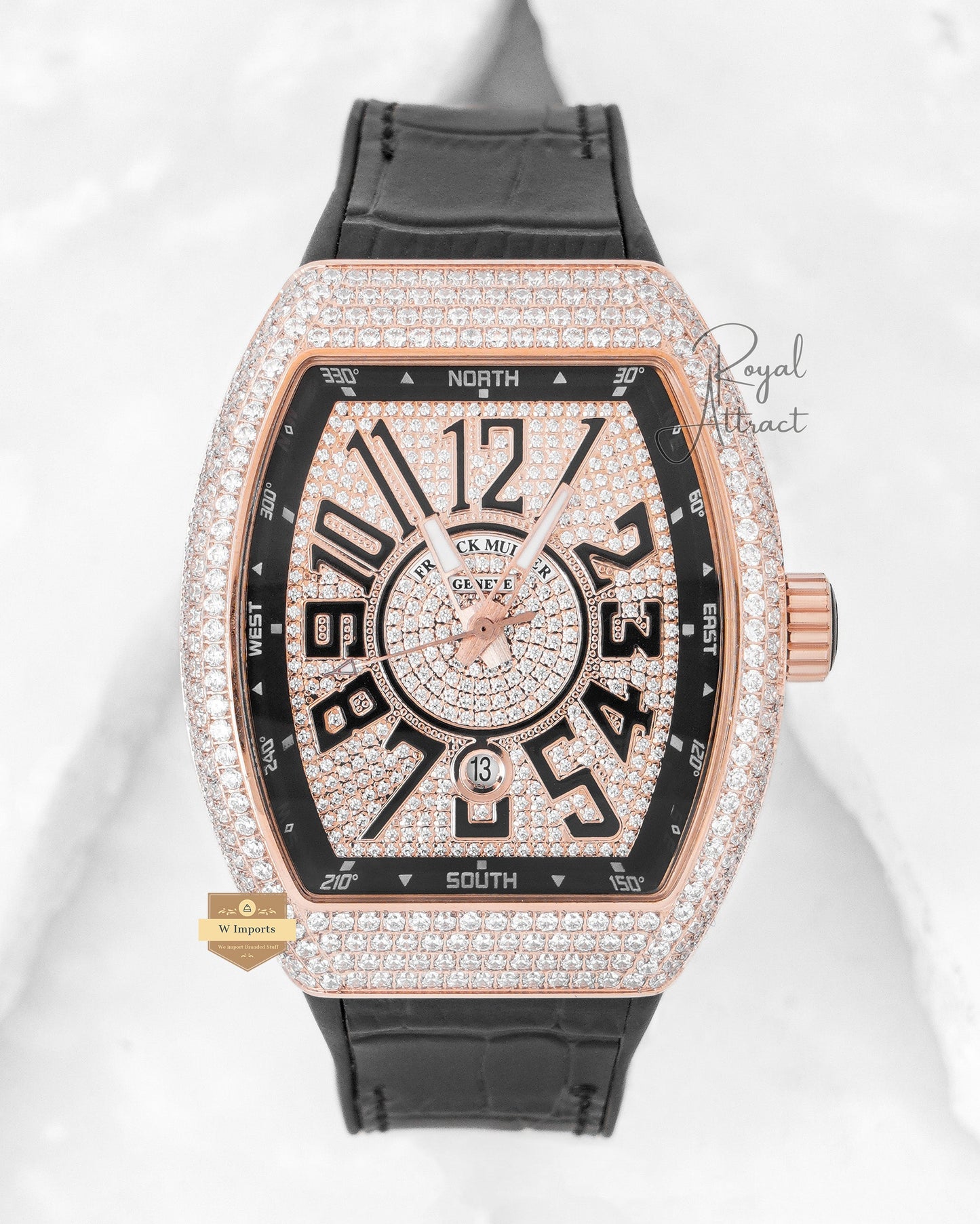 Latest Collection Rose Gold Stone Case & Dial With Black Strap