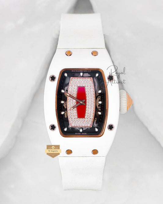 Latest Collection White Case With Stone Dial With Rubber Strap ladies watch