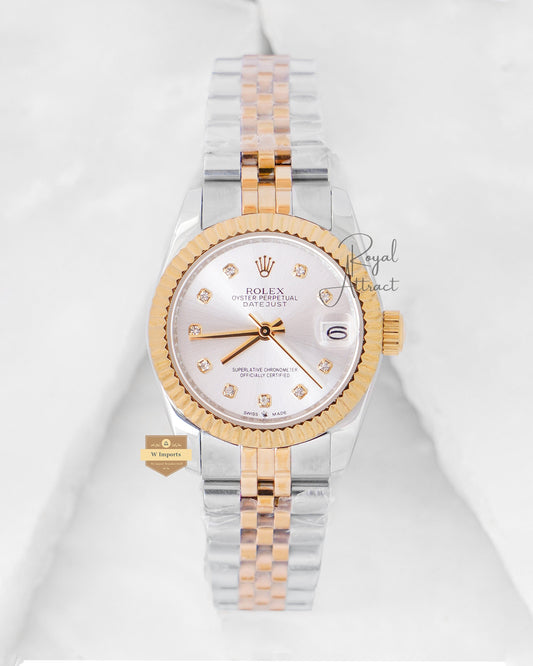 Latest Ladies Collection 28 Two Tone Yellow Gold With Silver Dial Stone Index Automatic Watch Zr Factory