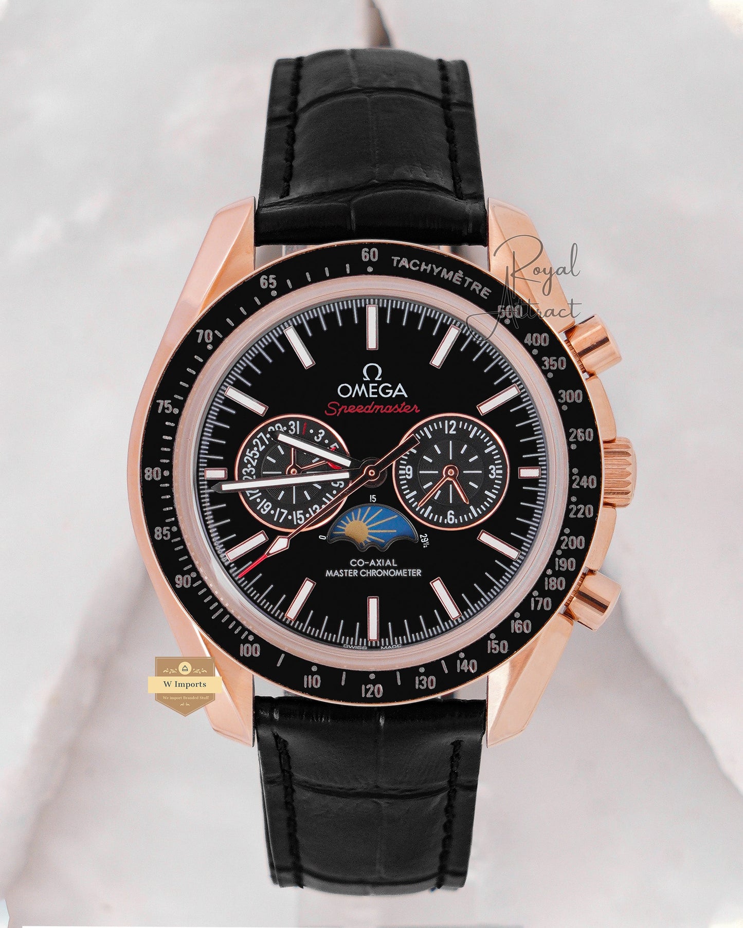 Latest Collection Moon Phase Rose Gold Case With Black Dial & Leather Strap