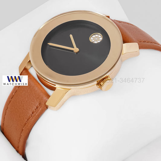 LATEST COLLECTION YELLOW GOLD CASE WITH BLACK DIAL & LEATHER STRAP LADIES WATCH