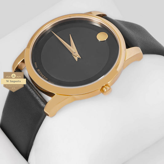 LATEST COLLECTION YELLOW GOLD CASE WITH BLACK DIAL & PLAIN LEATHER STRAP