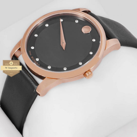 LATEST COLLECTION ROSE GOLD WITH BLACK INNER DOTTED DIAL & LEATHER STRAP