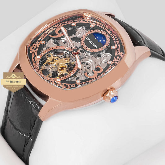 LATEST COLLECTION TOURBILLON MOON PHASE ROSE GOLD CASE WITH BLACK SKELETON DIAL & LEATHER STRAP