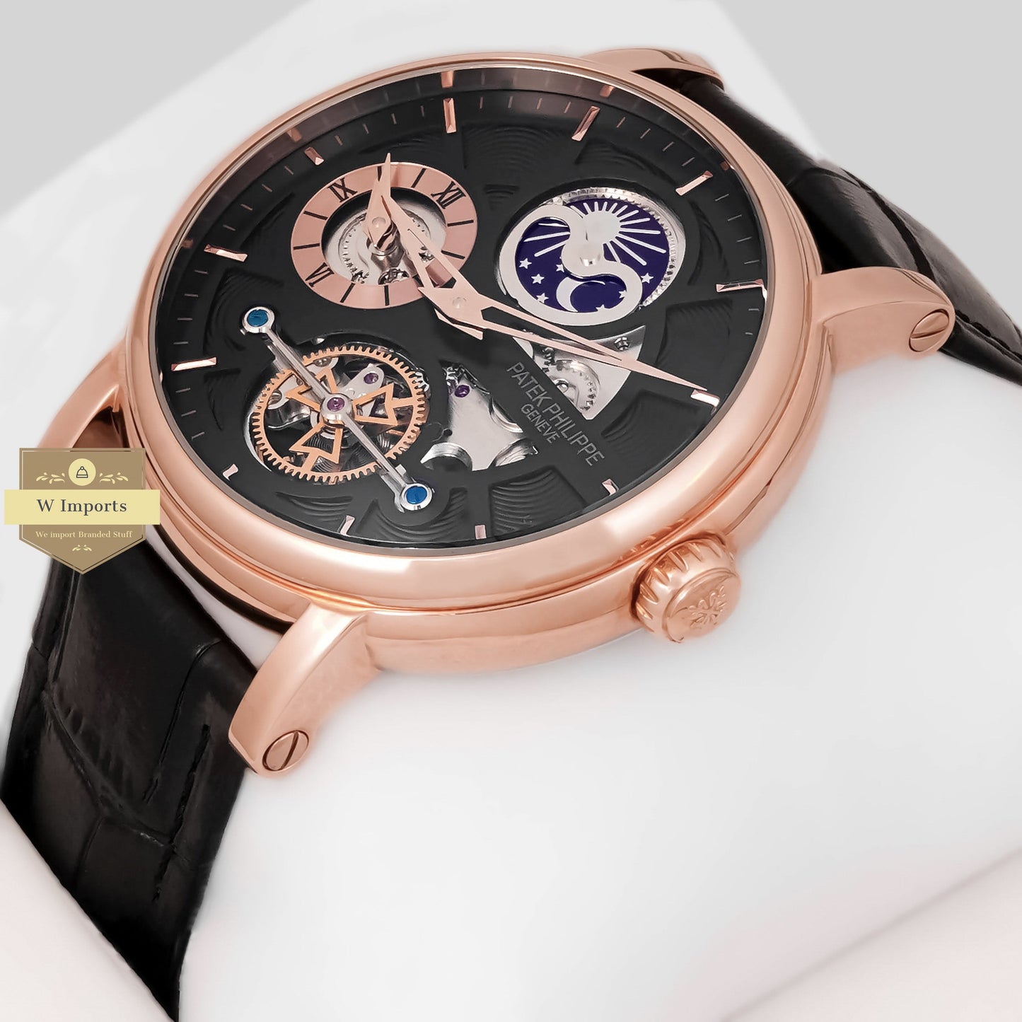 Latest Collection Tourbillon Moon phase Rose Gold Case With Black Skeleton Dial & Leather Strap